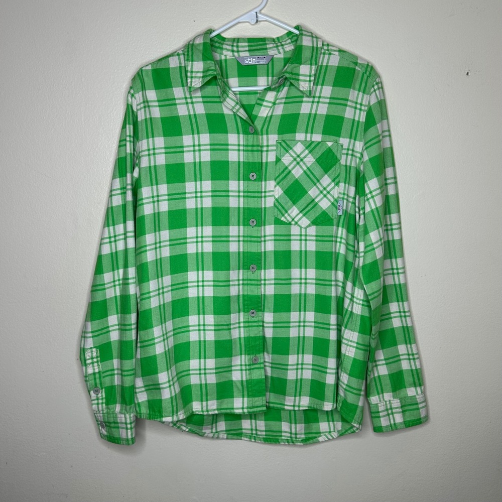 Stio Dovetail Flannel Plaid Green Lightweight Button Front Shirt Womens size S